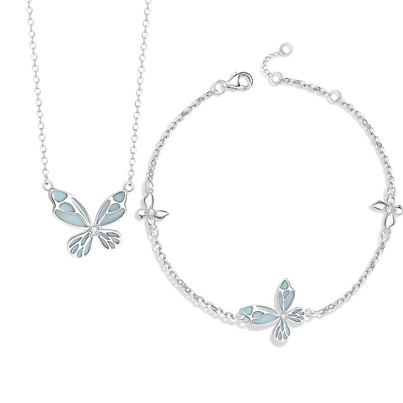 Butterfly Luminous Sterling Silver 925 Necklace Female Niche Design Light Luxury Zircon Clavicle Chain Ins Style Mori Pendant