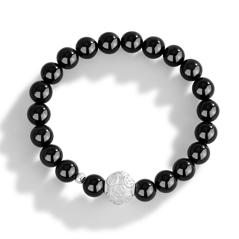 Copper Coin Sterling Silver 925 Bracelet New Chinese National Fashion Obsidian Lucky Beads Bracelet Light Luxury Little Red Book Same Bracelet