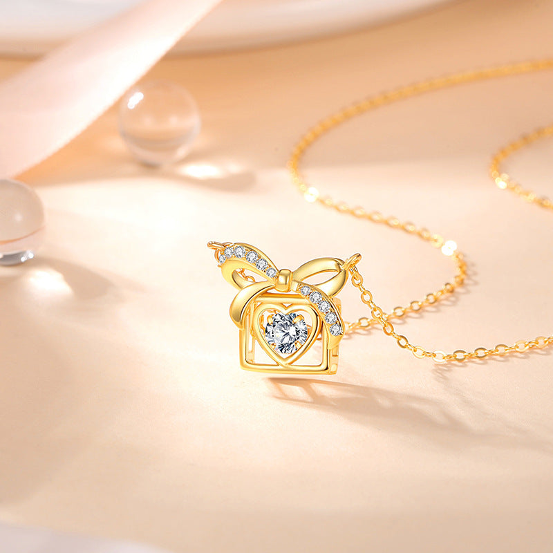 Bowknot Sterling Silver 925 Smart Necklace Female Sweet Cute Zircon Gift Box Clavicle Chain Ins Love Pendant