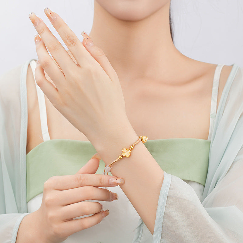 Lucky Clover Pure Silver 999 Chalcedony Women's Bracelet New Chinese National Fashion Lotus Bracelet Ins Style Flower Bracelet