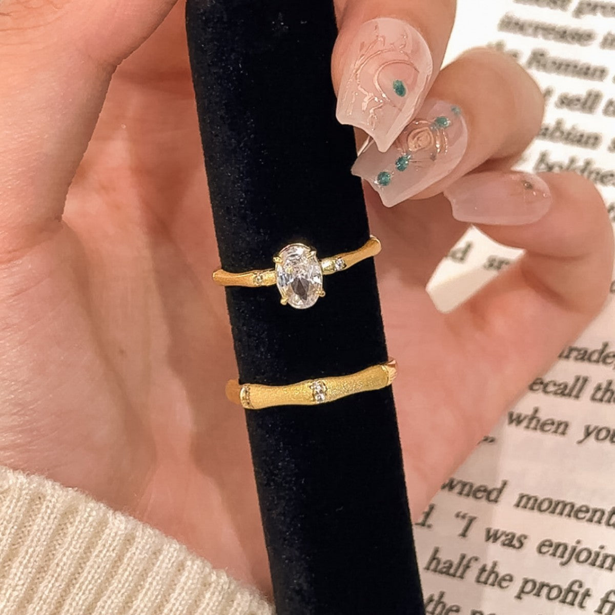 Bamboo Sterling Silver 925 Couple Ring, Antique Style Handmade Brushed Oval Zircon Ring, Light Luxury High-Grade Ring