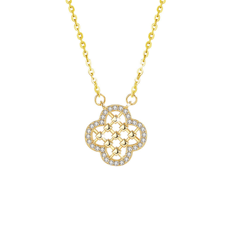 Lucky Clover Sterling Silver 925 Necklace Female Niche Design Light Luxury Zircon Clavicle Chain Ins Style Flower Pendant