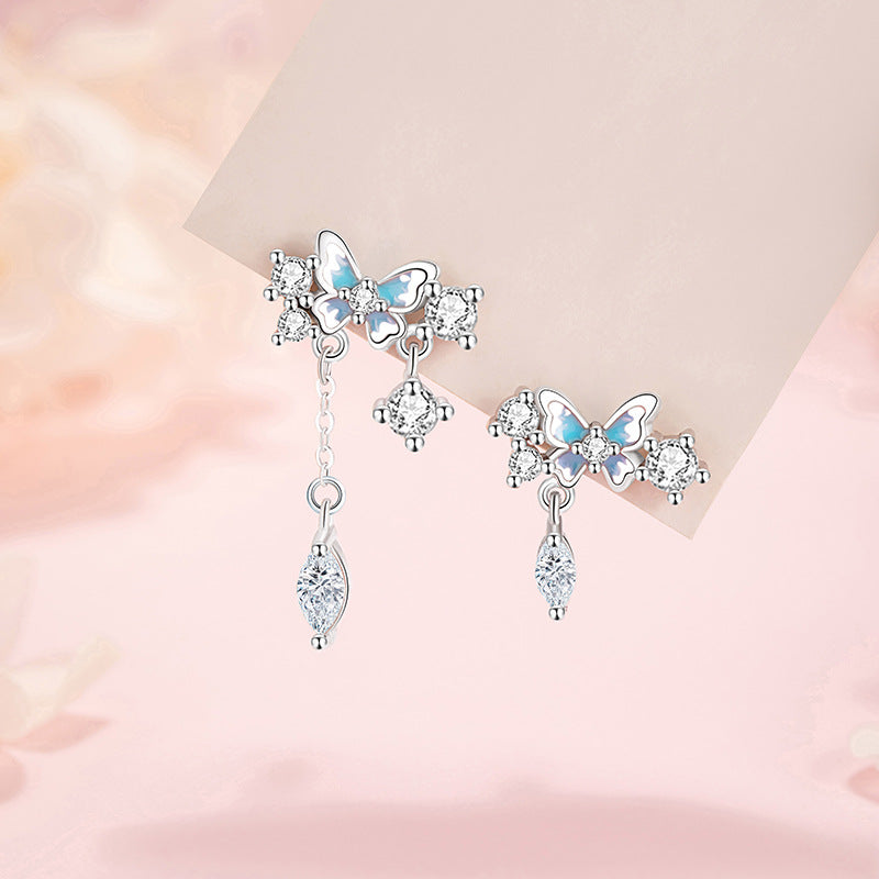 Butterfly Pure Silver 999 Bracelet Female Sweet Cute Style Epoxy Gradient Tassel Bracelet Super Fairy Girl Zircon Ear Studs