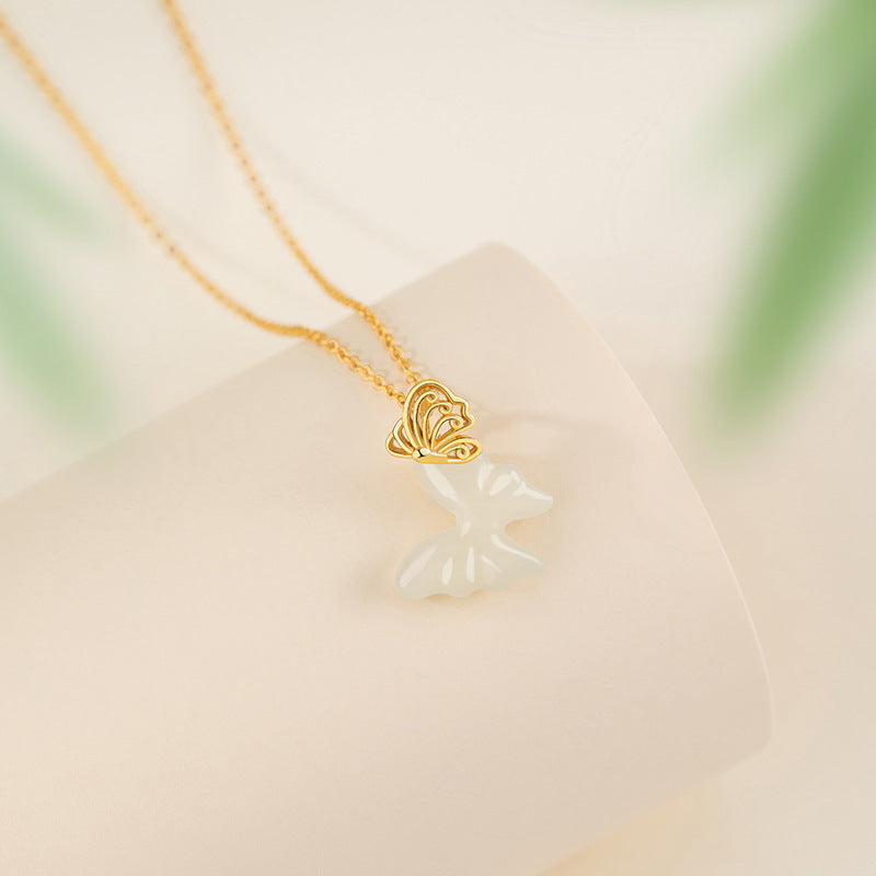 Butterfly Sterling Silver 925 Necklace Women's Light Luxury High-Grade Natural Hetian Jade Clavicle Chain Ins Style Gift Hollow Pendant