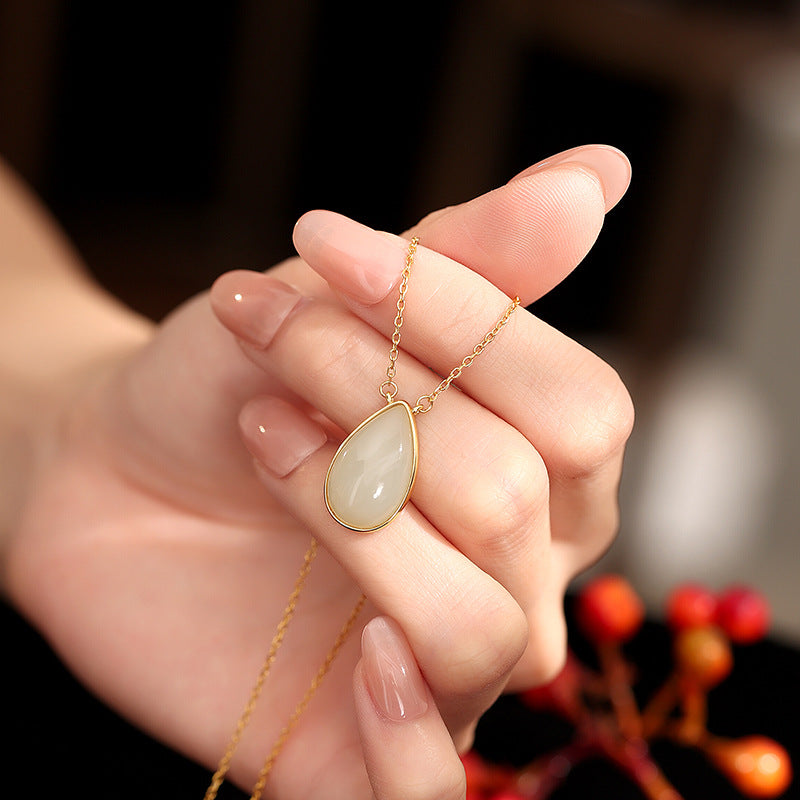 Natural Hetian Jade S925 Sterling Silver Necklace Ring High-Grade Auspicious Water Drop Bag Inlaid Craft National Style Jewelry Supply