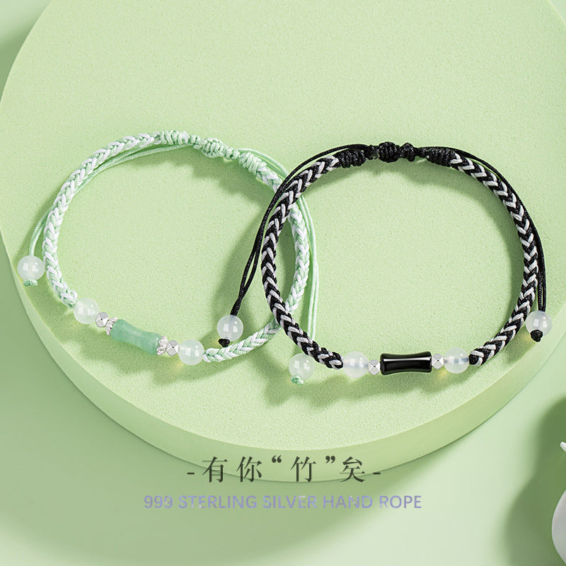Festival High White Agate Sterling Silver 925 Couple Bracelet Mori Bamboo Jade Stone Bracelet Ins Style Bamboo Bracelet