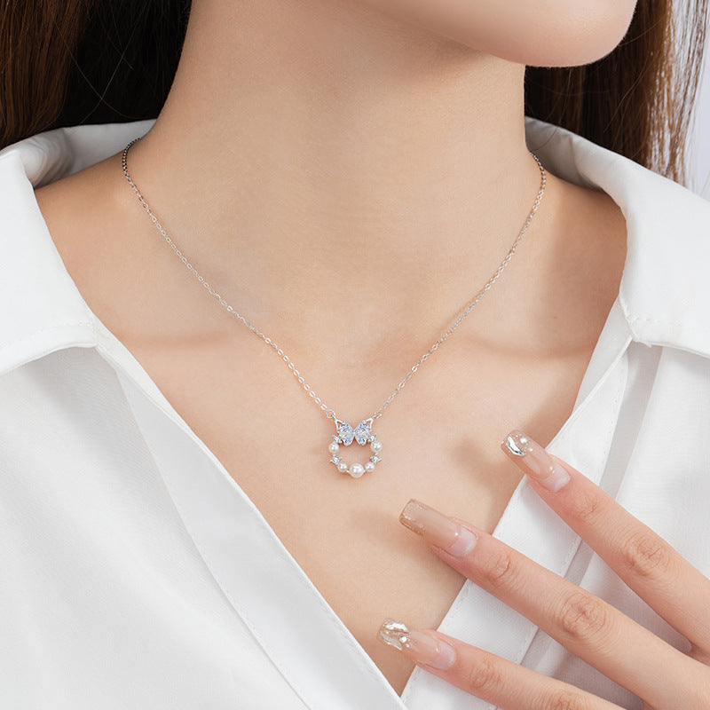 Butterfly Sterling Silver 925 Necklace Women's Fashion All-Match Shijia Pearl Clavicle Chain Ins Style Escape Princess Garland Pendant