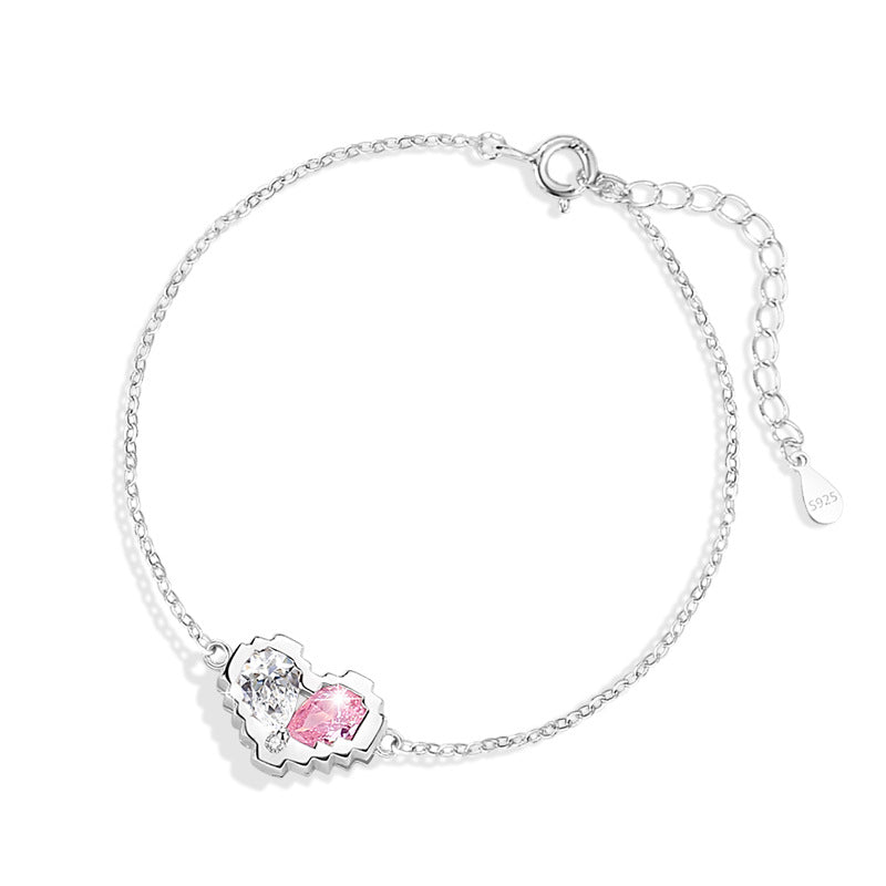 Lovely Sterling Silver 925 Bracelet Female Niche Design Light Luxury Pink Zircon Bracelet Ins Style Heart with Your Bracelet