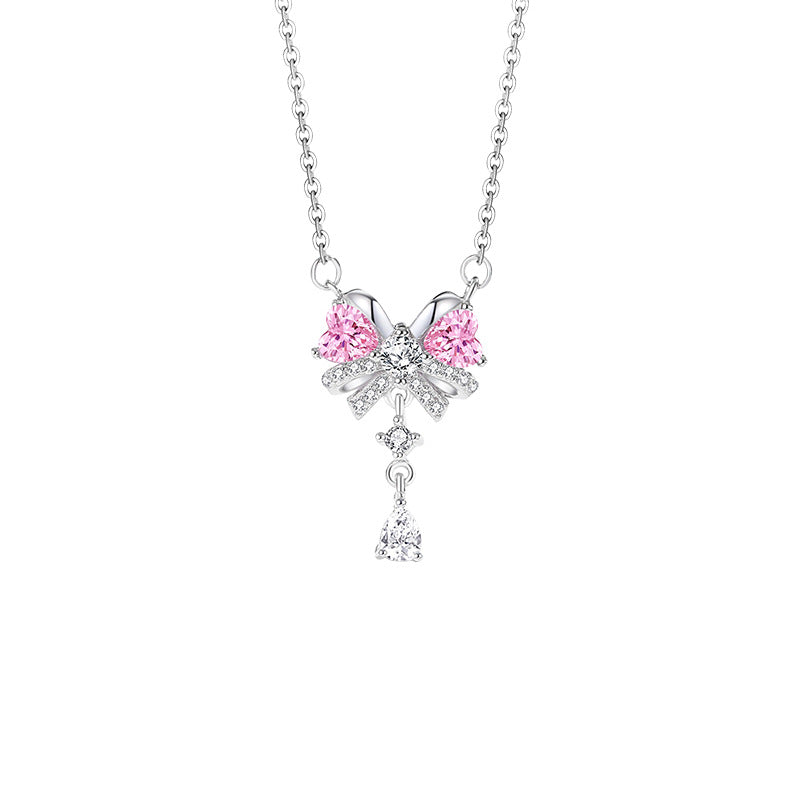 Bow Sterling Silver 925 Necklace Female Niche Design Light Luxury Tassel Zircon Clavicle Chain Love Pink Diamond Pendant