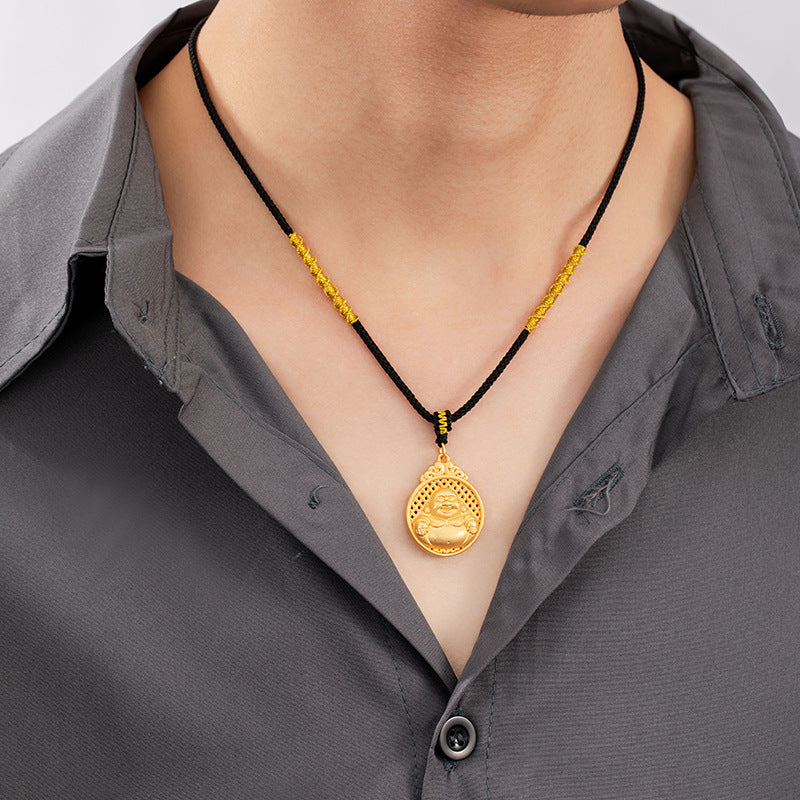 Happy Maitreya Buddha Pure Silver 999 Necklace New Chinese National Fashion Smiling Buddha Woven Necklace Ins Style Auspicious Cloud Buddha Pendant
