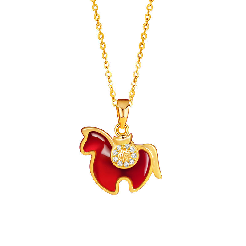 Immediately Rich Flower Sterling Silver 925 Necklace Female New Chinese Red Agate Birth Year Lucky Brand Clavicle Chain Zodiac Pendant