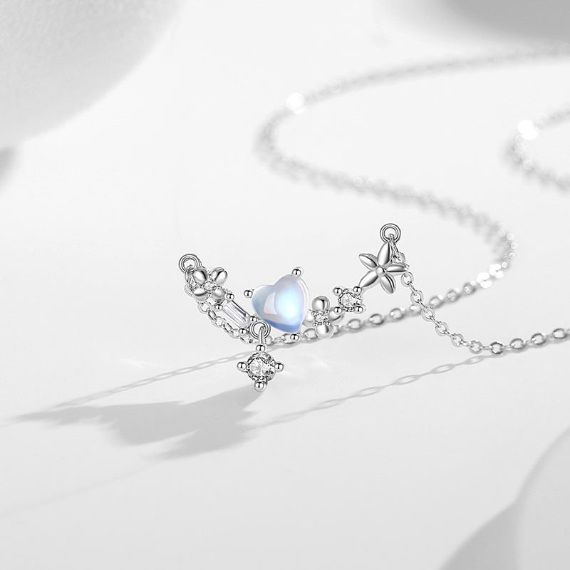Lovely Sterling Silver 925 Necklace Women's Fashion Versatile Moonstone Clavicle Chain Ins Style Star Pendant for Girlfriend