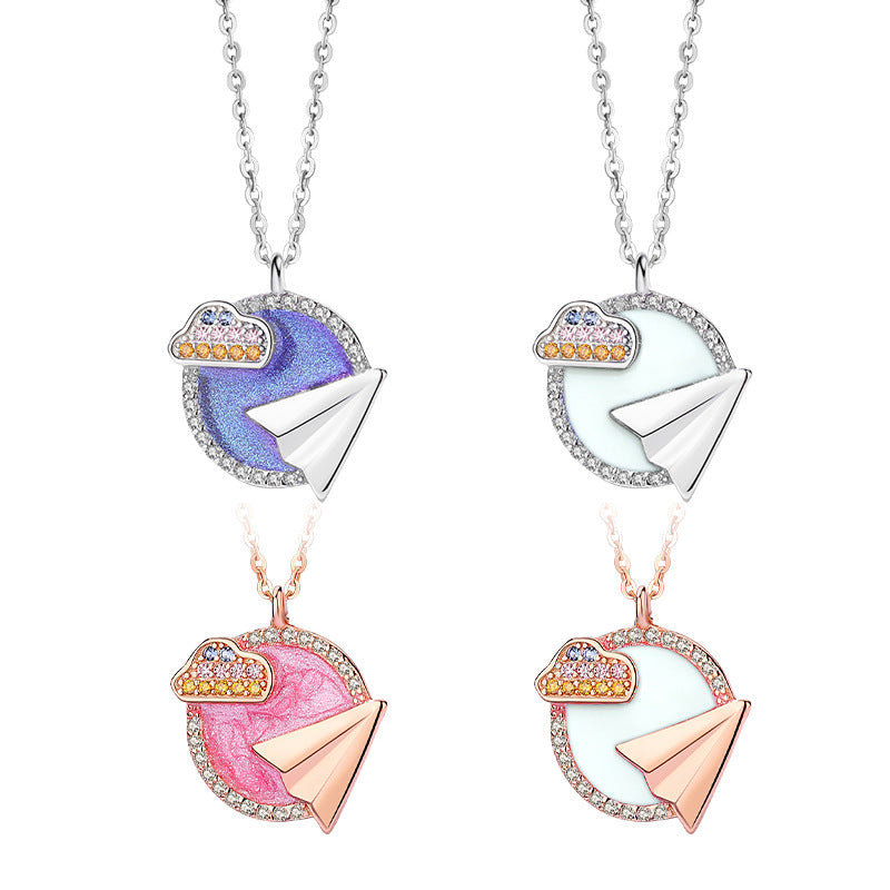 S925 Sterling Silver Necklace Women's Luminous Enamel Craft Clavicle Chain Niche Clouds Starry Sky Dream-Catching Paper Airplane Pendant