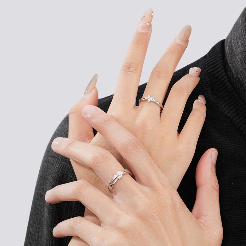 Lianlizhi Sterling Silver 925 Couple Ring Men's and Women's Simple Niche Four-Leaf Clover Ring Ins Style Luminous Ring