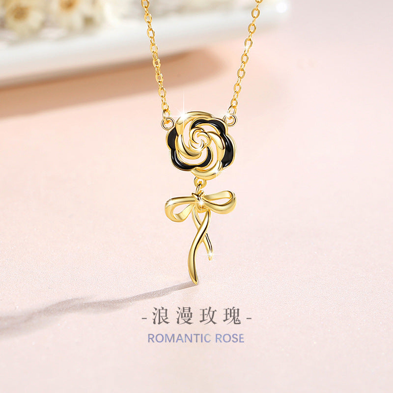 Rose Sterling Silver 925 Necklace Female Niche Design Light Luxury Bow Clavicle Chain Ins Style Flower Pendant