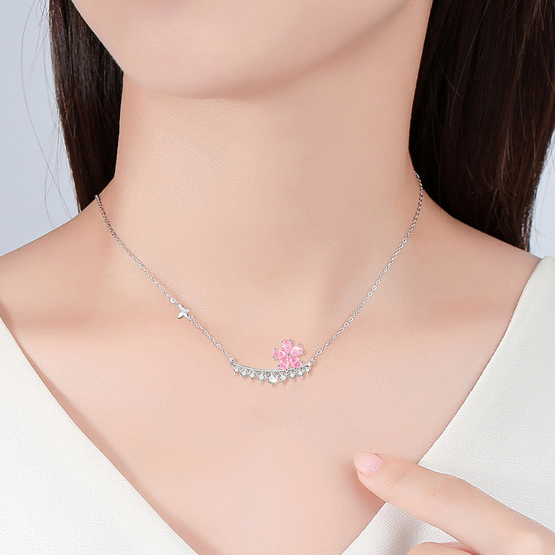Cherry Blossom Sterling Silver 925 Necklace for Women, Niche Design, Light Luxury Zircon Clavicle Chain, INS Style Flower Pendant