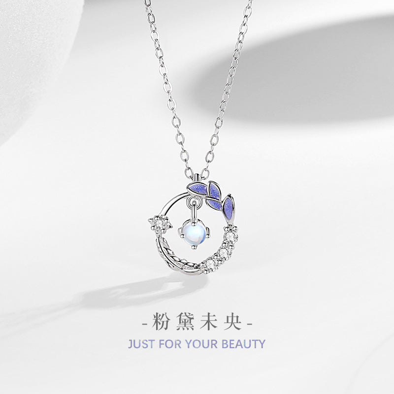 Feather Sterling Silver 925 Necklace Female Niche Design Light Luxury Zircon Clavicle Chain Ins Style Fantasy Glass Stone Pendant