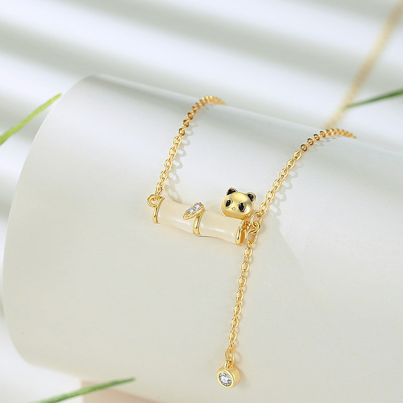 Panda Sterling Silver 925 Hetian Jade Necklace Women's New Chinese Style National Fashion Bamboo Clavicle Chain Ins Style High-Rise Pendant