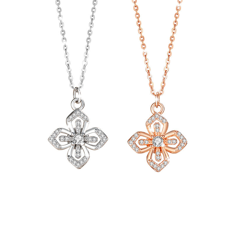 Lucky Clover Sterling Silver 925 Necklace Female Niche Design Light Luxury Style Zircon Clavicle Chain Ins Rotatable Pendant