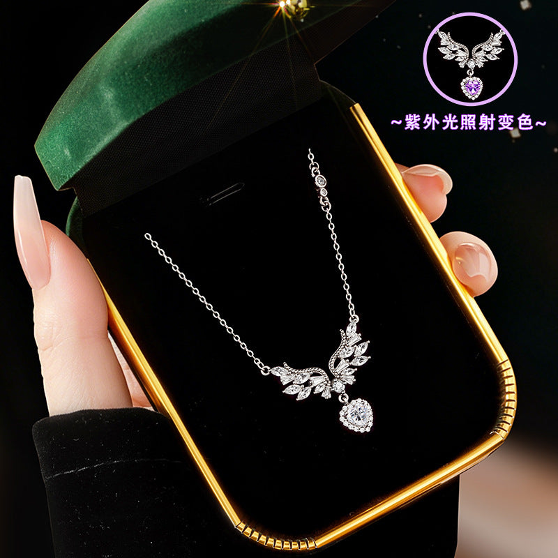 S925 Silver Necklace Women's Light Luxury Niche Angel Wings Love UV Color-Changing Stone Clavicle Chain Ins Style Jewelry