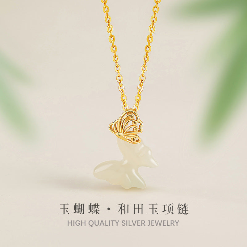 Butterfly Sterling Silver 925 Necklace Women's Light Luxury High-Grade Natural Hetian Jade Clavicle Chain Ins Style Gift Hollow Pendant
