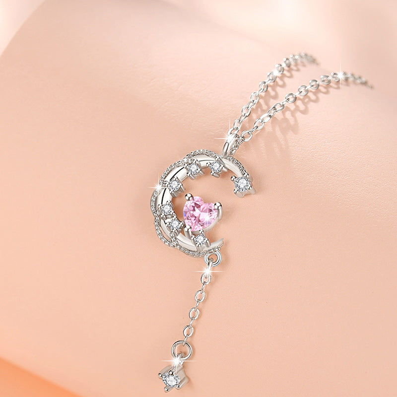 Moon Sterling Silver 925 Necklace Female Niche Design Light Luxury Tassel Clavicle Chain Get Things Ins Style Love Pendant
