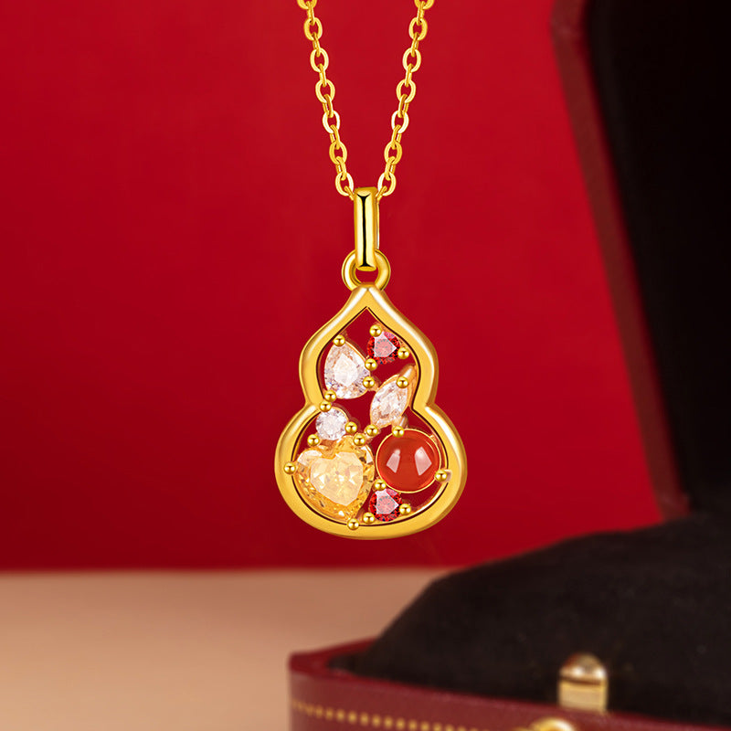 New Chinese Style S925 Sterling Silver Gourd Necklace Female Inlaid Red Agate Magic Color Fu Lu High-Grade Good Luck Clavicle Chain Female