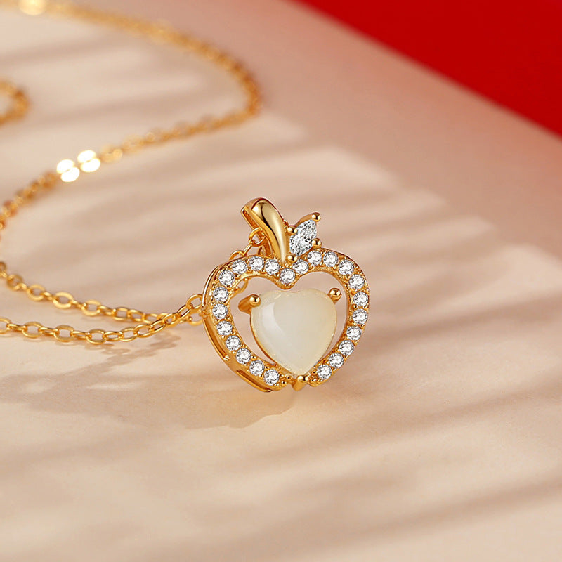 Hetian Jade Lovely Sterling Silver 925 Necklace Female Niche Design Light Luxury Apple Clavicle Chain Ins Style Zircon Pendant