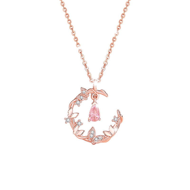 Butterfly Sterling Silver 925 Necklace Women's Fashionable All-Match Pink Zircon Clavicle Chain, INS Style Flower Pendant