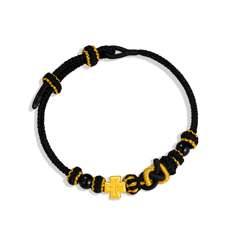 Cross Flower Pure Silver 999 Bracelet Niche Design Light Luxury Handmade Woven Bracelet Ins Style Black Agate Bracelet