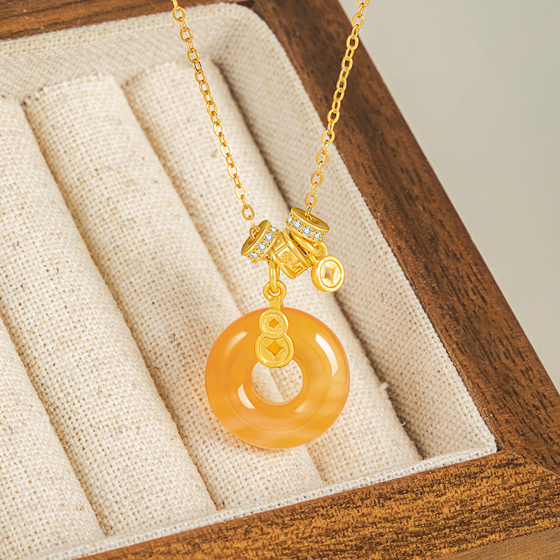 Fu Lu Double Full Sterling Silver 925 Necklace Women's Light Luxury Copper Coin Sugar Red Agate Clavicle Chain Ins Style Gourd Pendant