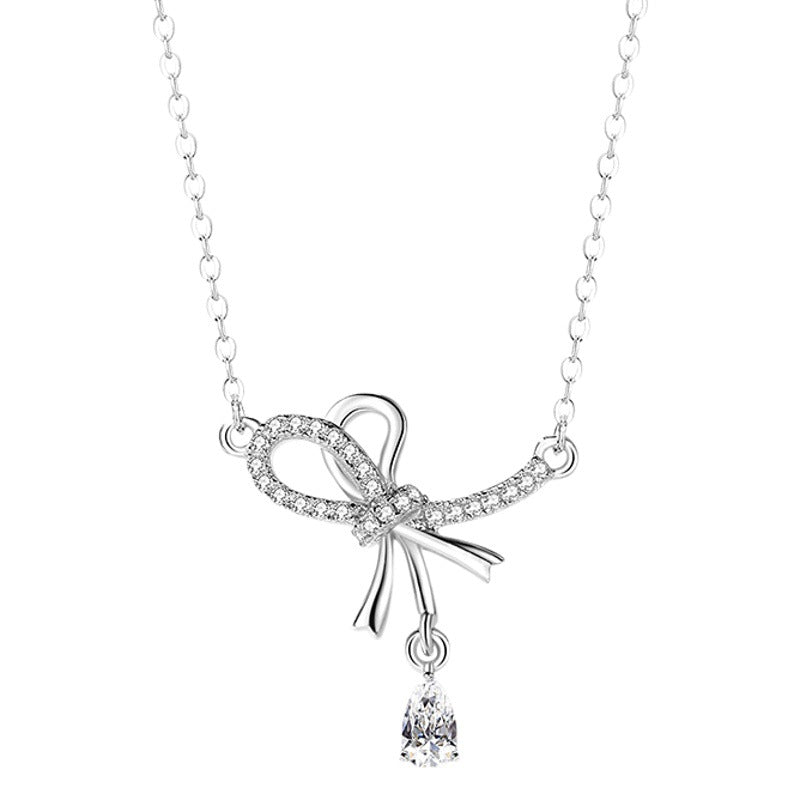 Bow Sterling Silver 925 Necklace Women's Fashion All-Match Zircon Clavicle Chain Ins Style High-Grade Love Pendant