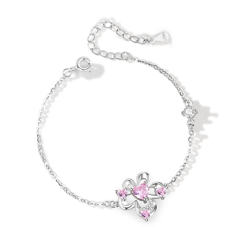 Flower Sterling Silver 925 Bracelet Women's Fashion All-Match Pink Zircon Bracelet, INS Style Lovely Floral Bracelet