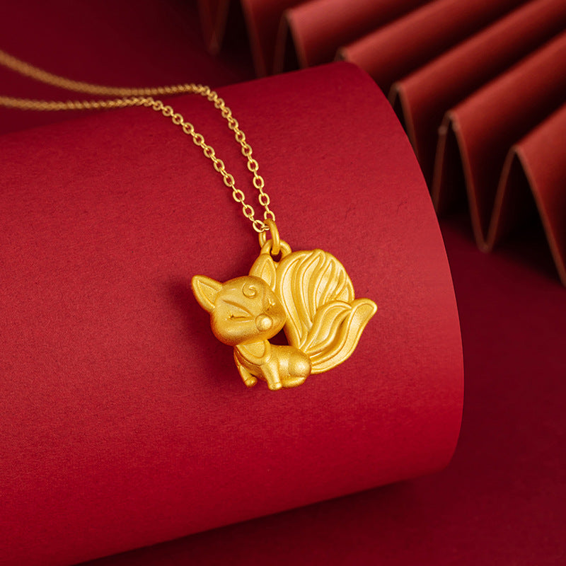 Fox Pure Silver 999 Necklace Female Niche Design Light Luxury Style Nine Tail Fox Clavicle Chain Ins Style Fox Fairy Pendant