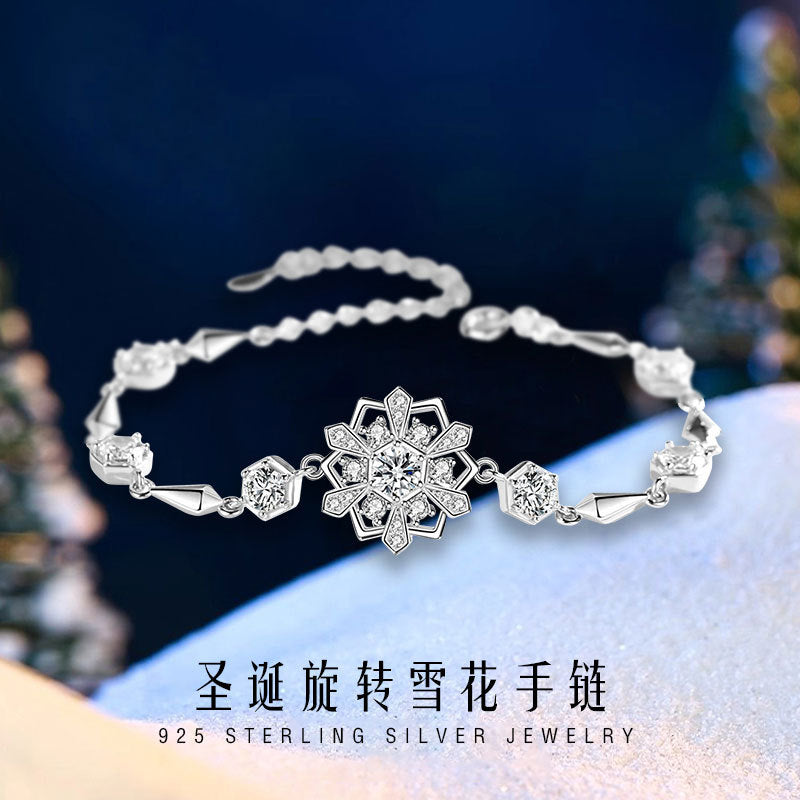 Snowflake Sterling Silver 925 Rotating Bracelet Women's Light Luxury High-Grade Christmas Zircon Bracelet Ins Style Star Bracelet