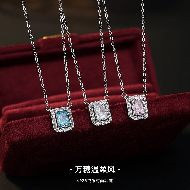 New S925 Sterling Silver Necklace Women's Light Luxury Square Sugar Diamond Gentle Wind Clavicle Chain Valentine's Day Confession Birthday Gift