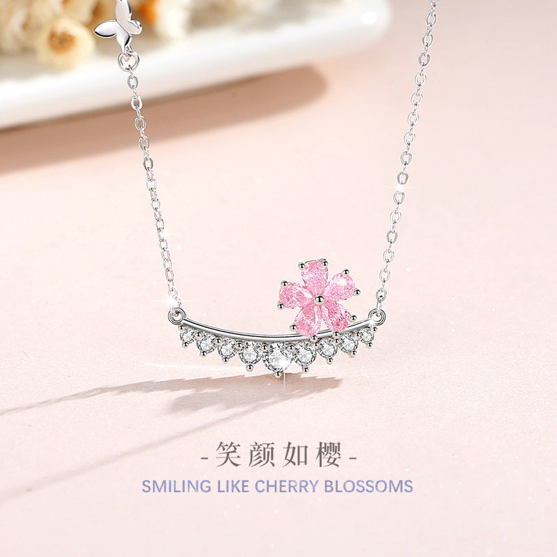 Cherry Blossom Sterling Silver 925 Necklace for Women, Niche Design, Light Luxury Zircon Clavicle Chain, INS Style Flower Pendant