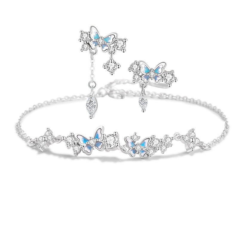 Butterfly Pure Silver 999 Bracelet Female Sweet Cute Style Epoxy Gradient Tassel Bracelet Super Fairy Girl Zircon Ear Studs