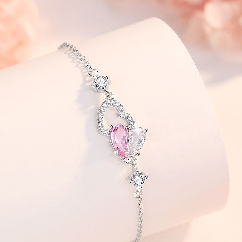 Lovely Sterling Silver 925 Bracelet Female Niche Design Light Luxury Pink Diamond Zircon Bracelet Ins Style Heart-to-Heart Printed Pendant