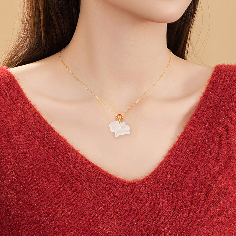 Immediately Lucky Sterling Silver 925 Necklace Female National Fashion White Agate Auspicious Clouds Ruyi Clavicle Chain Ins Style Zodiac Horse Pendant