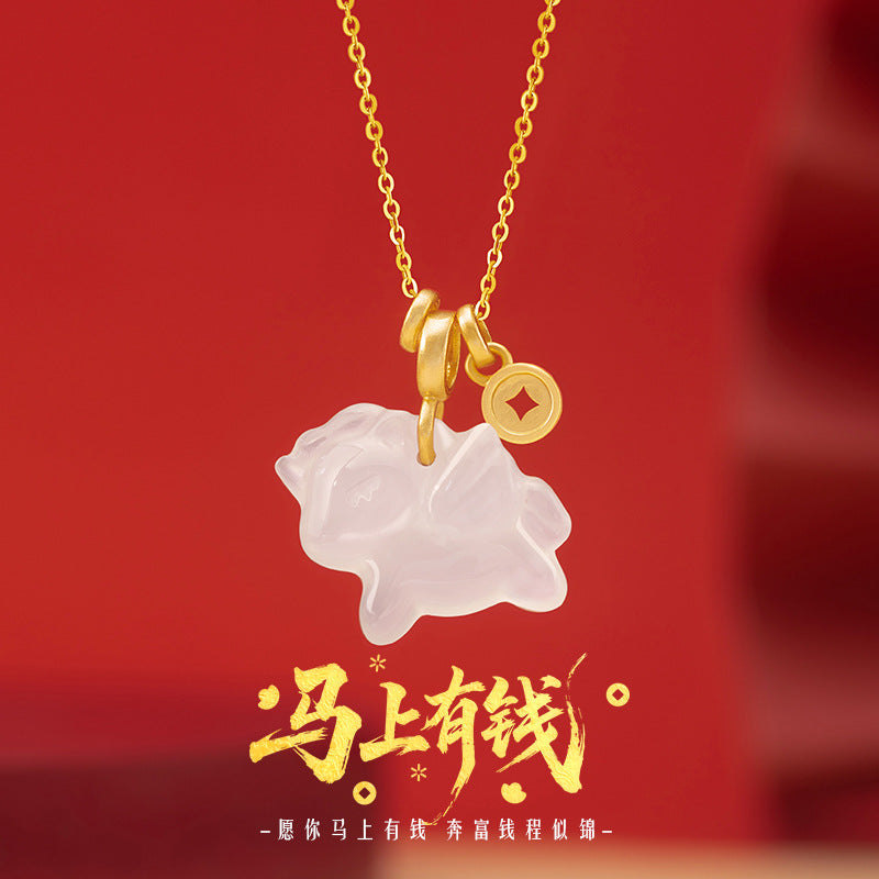 Immediately Rich Sterling Silver 925 Necklace Women's New Chinese Style Birth Year White Agate Copper Coin Clavicle Chain Zodiac Horse Pendant