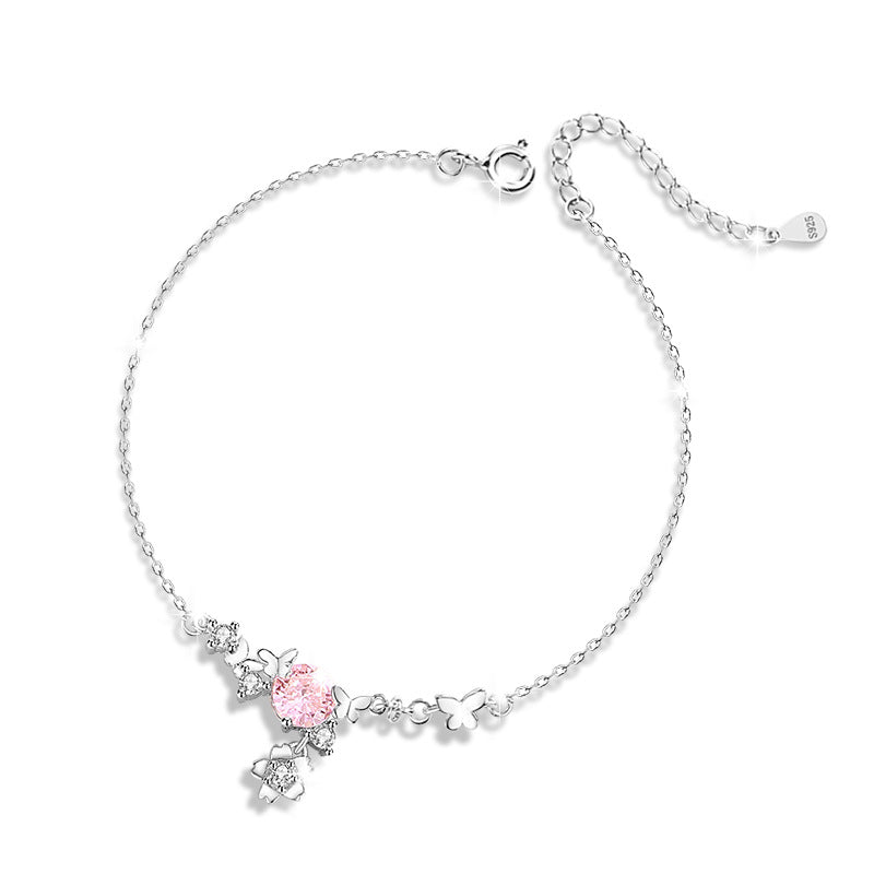Sterling Silver Cherry Blossom and Butterfly Bracelet – Pink Zircon