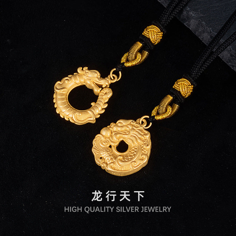 National Fashion Dragon World Pure Silver S999 Pendant 18K Gold Plated Safety Buckle Pendant National Style Men's Braided Rope Jewelry