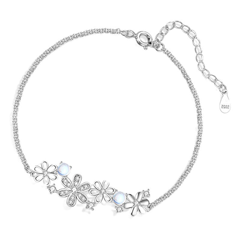 Flower Sterling Silver 925 Bracelet Women's Fashion All-Match Glass Stone Bracelet for Girlfriend Ins Style Petal Zircon Bracelet