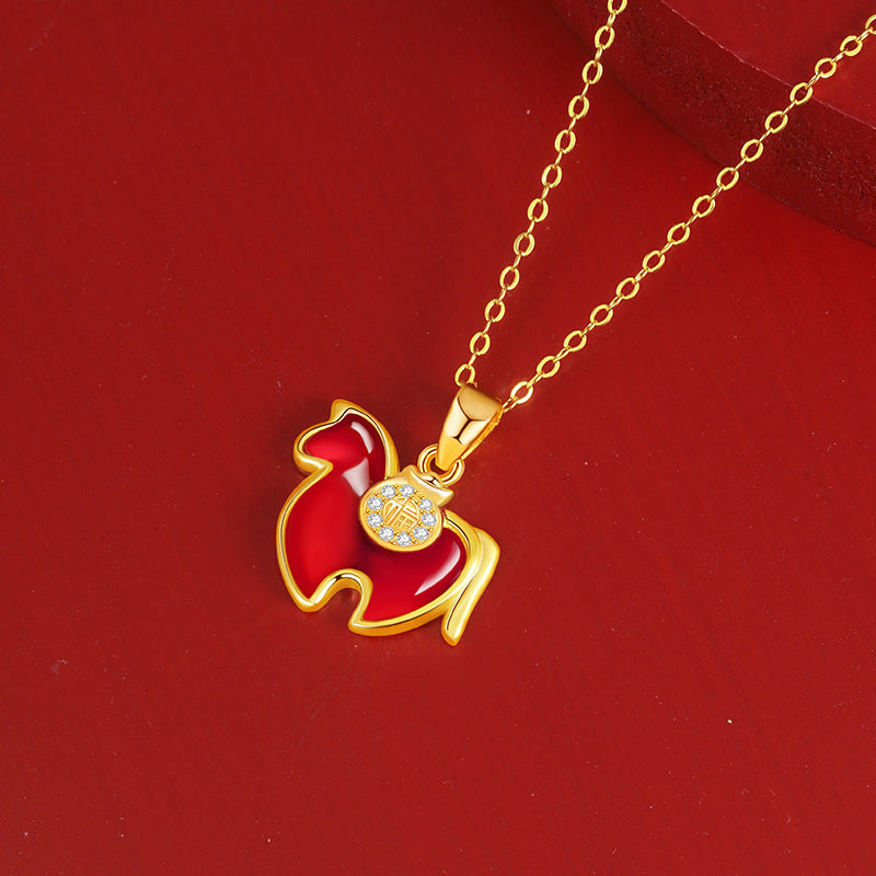 Immediately Rich Flower Sterling Silver 925 Necklace Female New Chinese Red Agate Birth Year Lucky Brand Clavicle Chain Zodiac Pendant