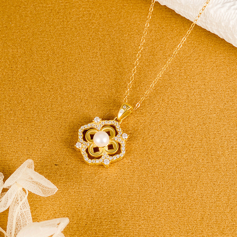 New Chinese Style Four-Leaf Lucky Pearl Necklace Female S925 Sterling Silver Gold Plated Ancient Gold Mother's Day Gift Silver Jewelry Wholesale