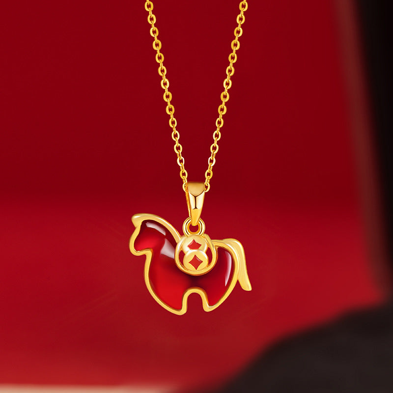 Immediately Rich Flower Sterling Silver 925 Necklace Female New Chinese Red Agate Copper Coin Birth Year Clavicle Chain Zodiac Pendant