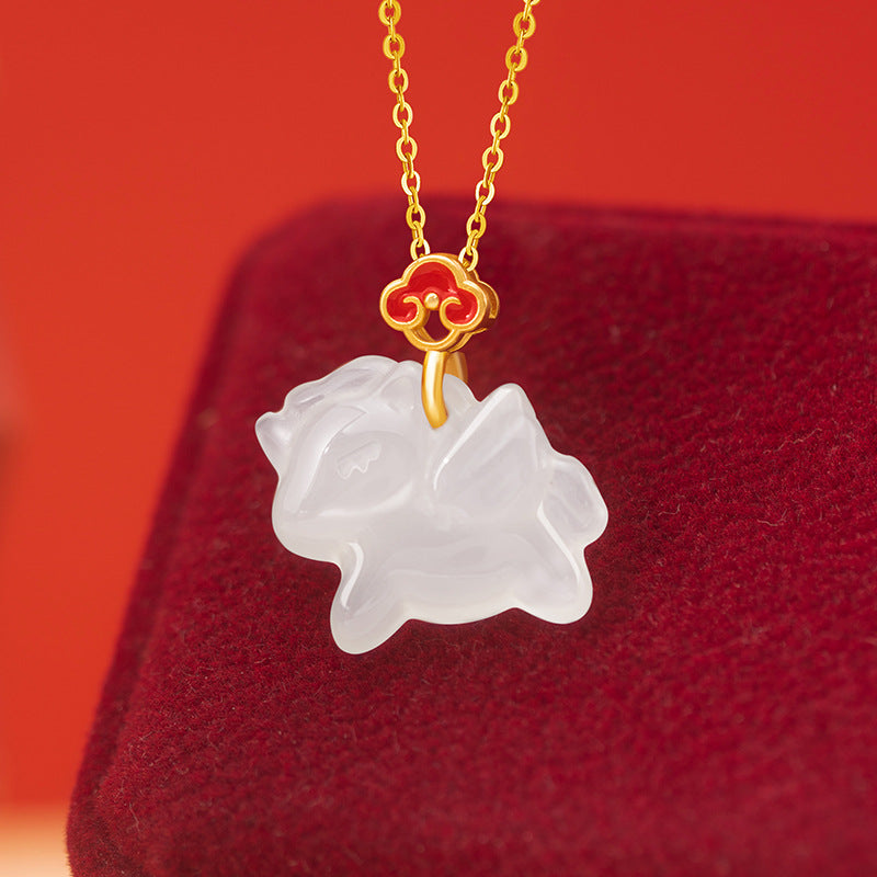 Immediately Lucky Sterling Silver 925 Necklace Female National Fashion White Agate Auspicious Clouds Ruyi Clavicle Chain Ins Style Zodiac Horse Pendant