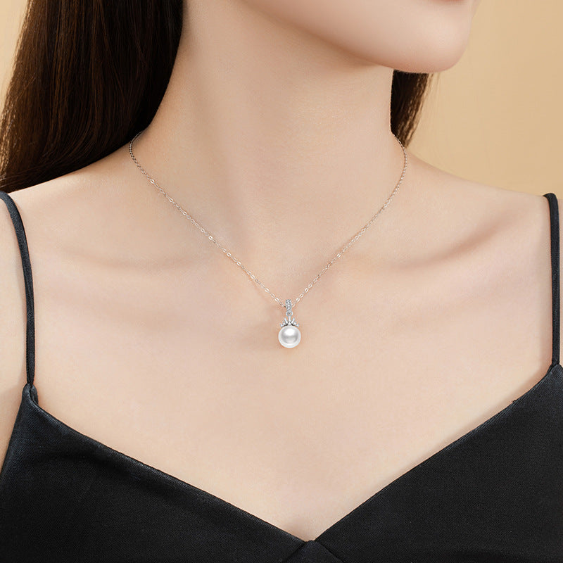 Natural Freshwater Pearl Sterling Silver 925 Necklace Women's Light Luxury High-Grade Crown Zircon Clavicle Chain Ins Style Pendant