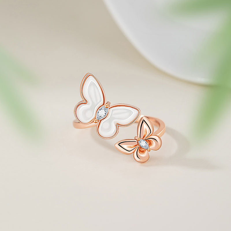 Butterfly Sterling Silver 925 Ring Female Niche Design Light Luxury White Fritillary Ring Ins Style Valentine's Day Gift Pair Ring